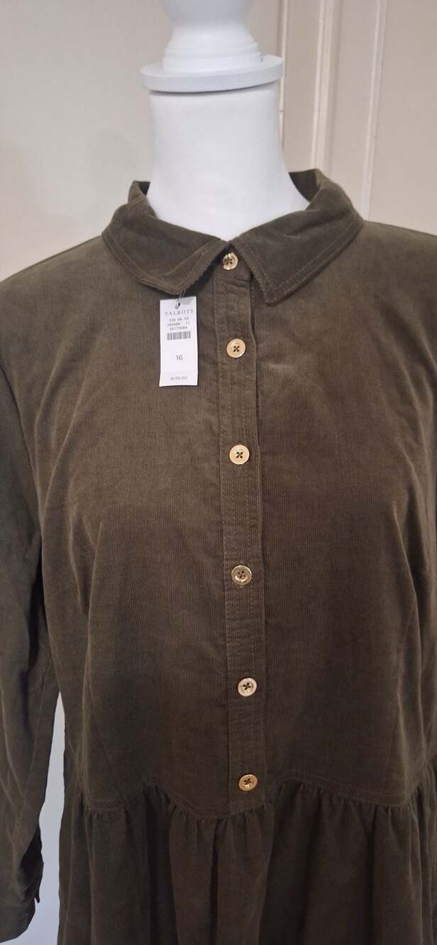NWT Talbots Corduroy Shirtdress Sz.16 Olive Green Drop Waist Tiered Button Front - Picture 6 of 13